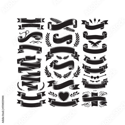 Variety of black silhouette vintage ribbon banners, shields, and decorative elements including hearts and wheat on a white background Keywords: ribbon, banner, vintage, retro, scroll, flourish