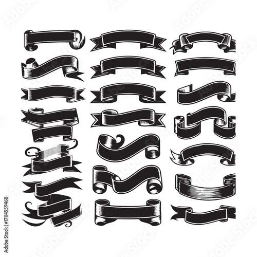 Variety of Hand Drawn Black Ribbons and Banners with Detailed Folds and Textures Keywords: ribbon, banner, scroll, vintage, ornate, decorative, design element, flourish, swirl, illustration, black