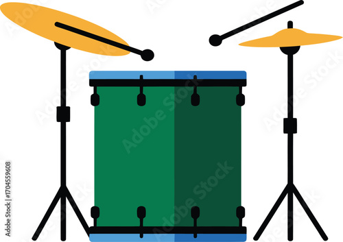 drum set consisting of a dark green bass drum, two golden yellow cymbals mounted on stands, two brown drum sticks located above the right cymbal, ready to be played.