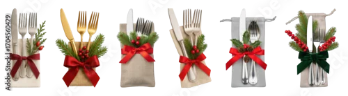 Obraz  z motywem Festive cutlery set including silver and gold utensils, napkins, and holiday decor isolated. Christmas dinner and elegant table settings.