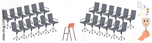 Row of identical office chairs contrasts a single unique chair, accompanied by visuals of creativity, innovation, and thinking. Ideal for individuality, creativity, leadership, brainstorming