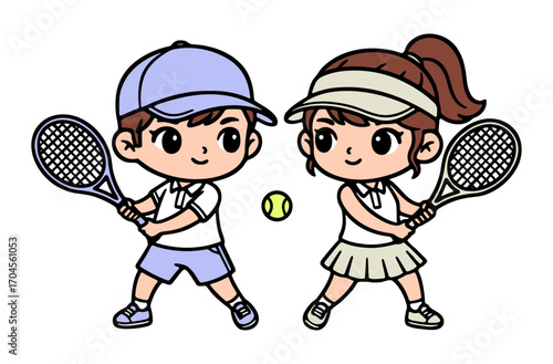 cute boy and girl tennis players, cartoon characters illustration