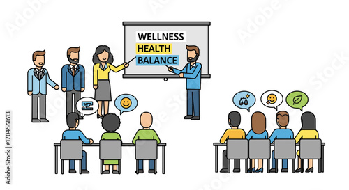 Wellness Presentation with Business Professionals Discussing Health and Life Balance at Workshop, Focus on Corporate Wellbeing for Happy and Productive Employees
