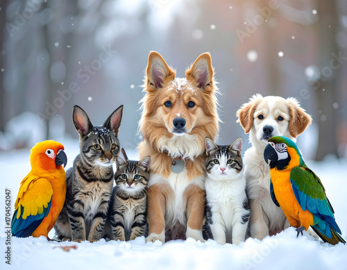 Group of diverse animals, dogs, cats, and parrots, sitting together in the snow.