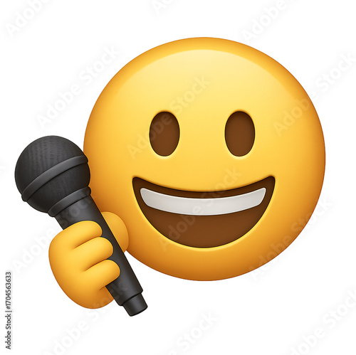 Joyful emoji embracing microphone ready for performance or presentation with vibrant energy