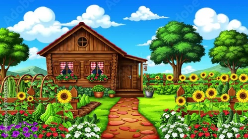 Colorful wooden house and garden scene