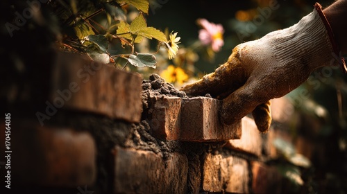 Fototapeta Naklejka Na Ścianę i Meble -  Bricklaying Hand Holding Brick With Mortar In Garden
