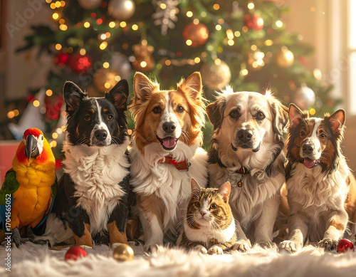 A festive gathering of pets, including dogs, a cat, and a parrot, in front of a decorated Christmas tree.