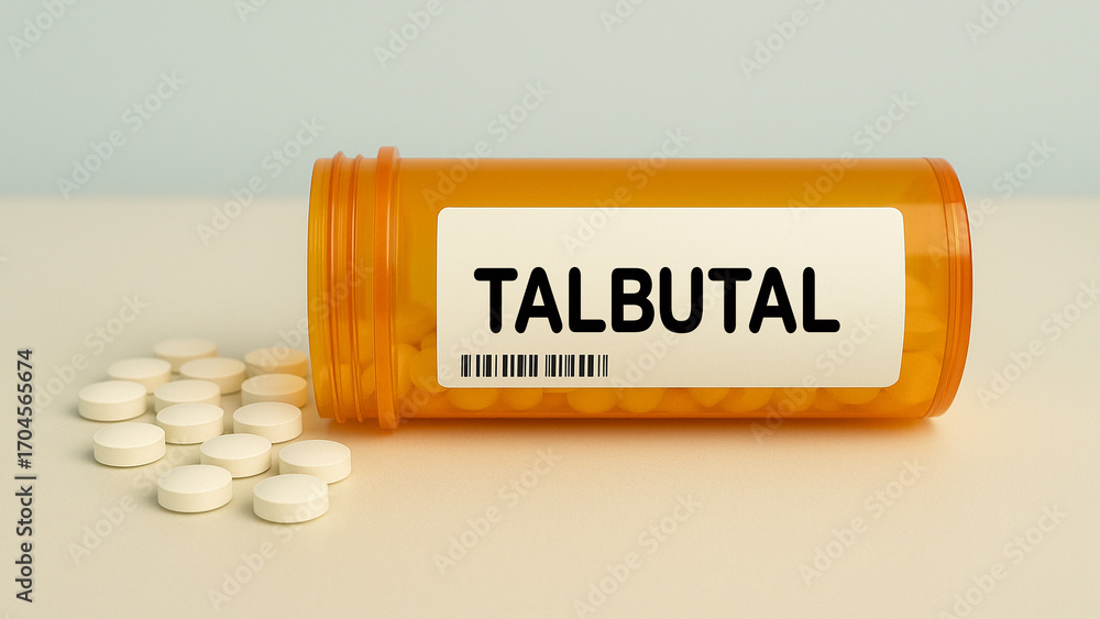 Tableau sur toile Box of TALBUTAL tablets on a hospital pharmacy table used to treat insomnia a barbiturate