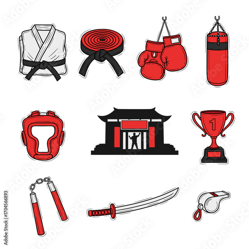 Set of  martial arts icons in hand drawn red and black doodle style. Vector illustration with karate gi, belt, boxing gloves, punching bag, headgear, dojo, trophy, nunchaku, sword, referee whistle