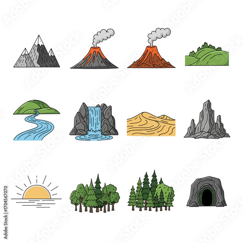Set of  landscape icons in hand drawn doodle style. Vector illustration with mountain, volcano, hill, river, waterfall, desert dune, rock, sunrise, forest, cave