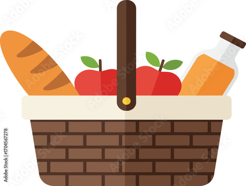 A brown wicker picnic basket with a handle on top. Inside the basket are several food items, including a baguette, some red apples, and orange vegetables.