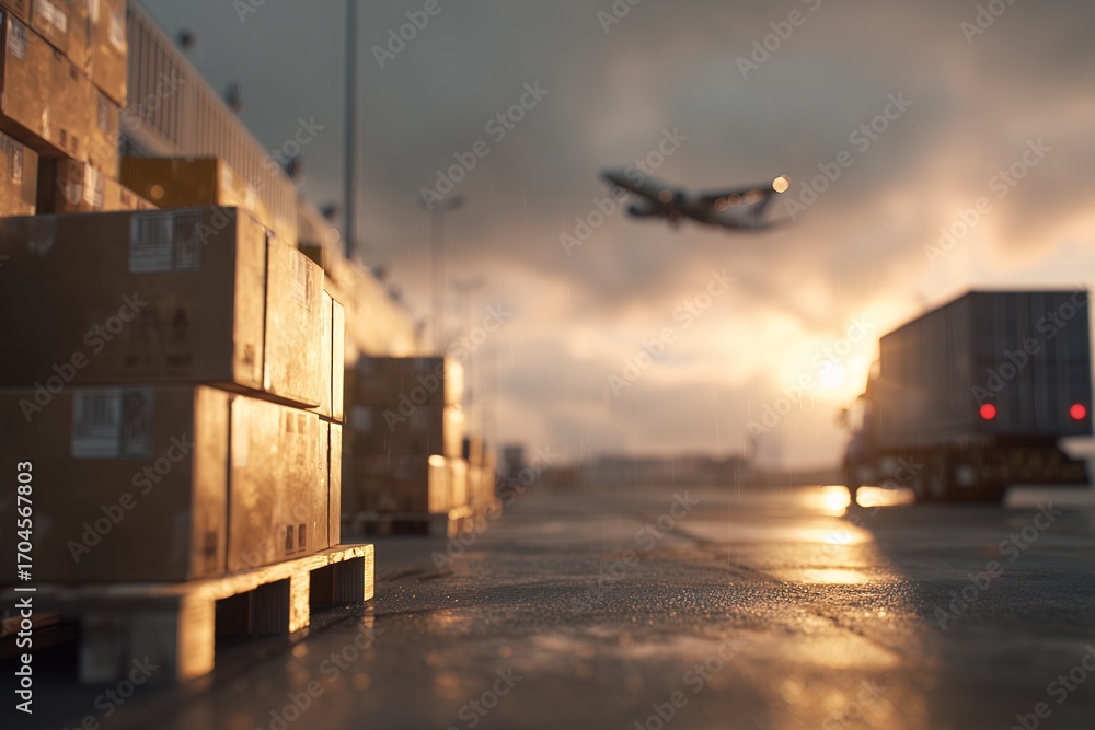 Fototapeta premium Stacks of cardboard boxes on wooden pallets in a shipping yard with an airplane taking off, concept for global supply chain management, international trade and logistics solutions