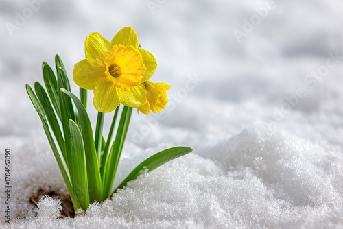 Yellow daffodil emerging from snow.
