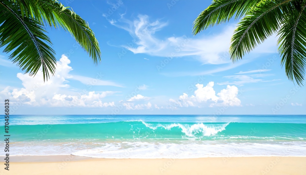 Fototapeta premium Tropical beach scene with clear turquoise water, palm fronds, white sand, and a bright blue sky with clouds