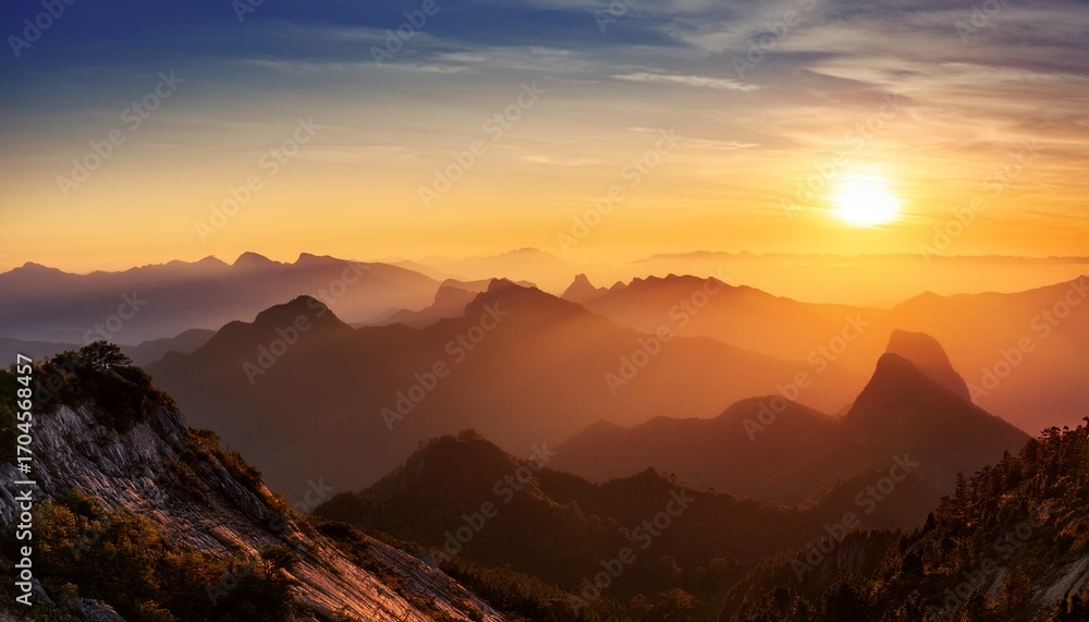 Naklejka premium Golden Sunset Over Misty Mountain Ranges