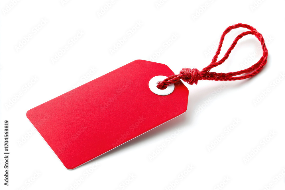 Fototapeta premium Bright red blank tag attached to a white string, isolated on a clean white background. A minimal, versatile label ready for custom text, logo, or price design.