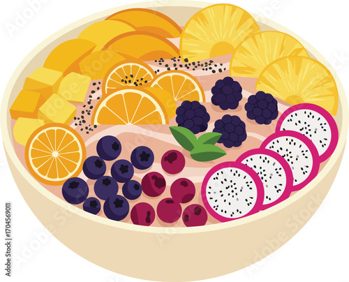 A refreshing and nutritious smoothie bowl, topped with a variety of colorful fresh fruits.