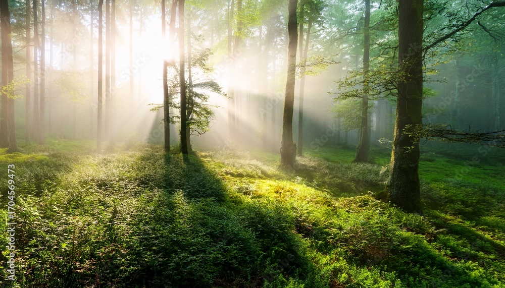 Obraz premium Foggy Forest Sunlight Filters Through Trees In A Green Dense Natural Scene