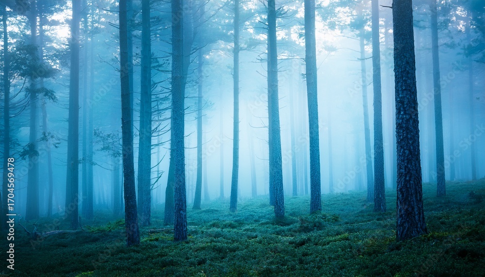 Obraz premium Foggy Light Blue Forest Background Mystical And Calm Mood
