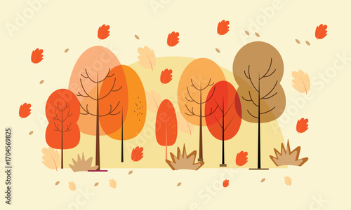 Autumnal forest landscape with stylized trees and falling leaves in warm colors vector illustration