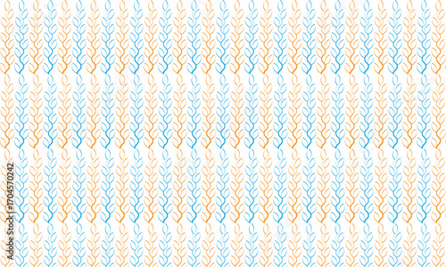 Repeating pattern of orange and blue leaf outlines in vertical columns on a white background seamless