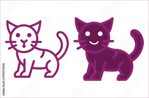 Cute and funny cartoon drawing of a black and white cat and dog with a happy tail