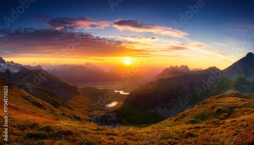 Double Sunset Landscape A Vibrant Landscape Painted With A Surreal Beauty Featuring A Stunning Double Sunset Casting A Warm Glow Over A Majestic Range Of Mountains And Valleys