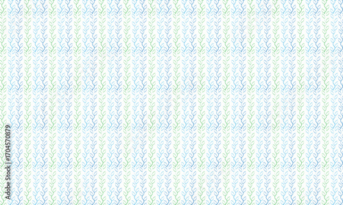Seamless pattern of delicate blue and green leaf outlines arranged in vertical rows on a white background