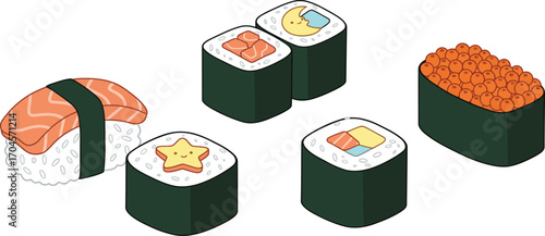 Sushi Set vector icon Collection.Assorted Japanese Sushi Rolls and Nigiri. Delicious Sushi Variety 