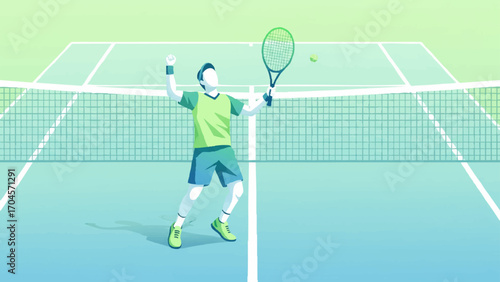 Flat vector illustration in modern style with soft gradients, fresh green and blue tone tennis player