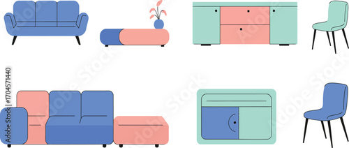 vector illustration of a set of various sofas and furniture with flat colors
