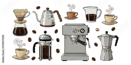 Coffee brewing methods collection offers a flavorful journey, from pour-over to espresso, perfect for cafes, blogs, and home barista promotions