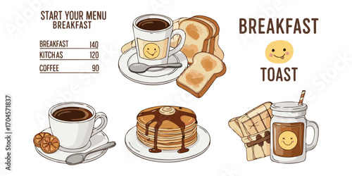 Delightful breakfast menu with pancakes, coffee, and toast illustrations for cafe promotions and restaurant designs that evoke a warm, inviting feel