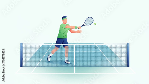 Flat vector illustration in modern style with soft gradients, fresh green and blue tone tennis player