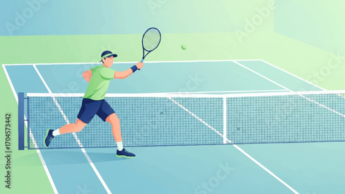 Flat vector illustration in modern style with soft gradients, fresh green and blue tone tennis player