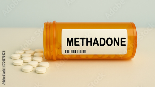 Box of METHADONE tablets on a hospital pharmacy table used to treat pain and opioid dependence an opioid analgesic.