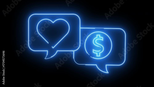 dollar coin chat icon and love icon with neon effect