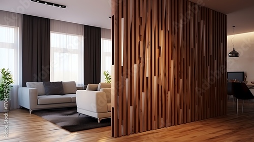 Serene interior showcasing a contemporary living room with a stylish wooden divider