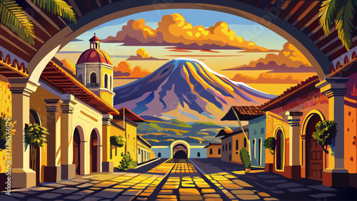 Antigua Guatemala’s colonial arch frames a distant volcano beneath a golden sunset, cobblestone streets alive with history, pastel buildings reflecting the timeless elegance of Central America’s cultu