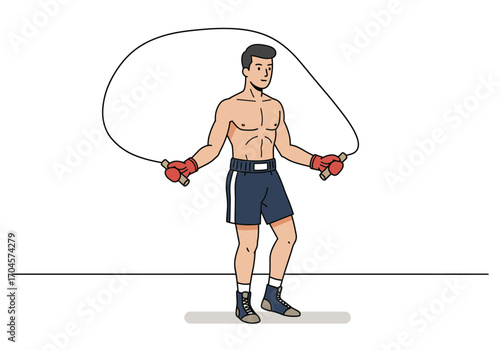 A fit man with muscular physique is shown jumping rope, wearing boxing shorts and gloves, engaged in a cardio workout.