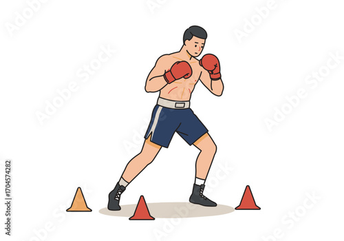 A male boxer in red gloves and blue shorts practices boxing drills around orange cones.