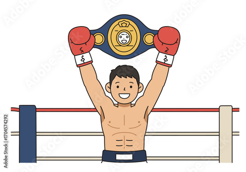 A smiling boxer stands in a boxing ring holding up a championship belt above his head, celebrating his victory.