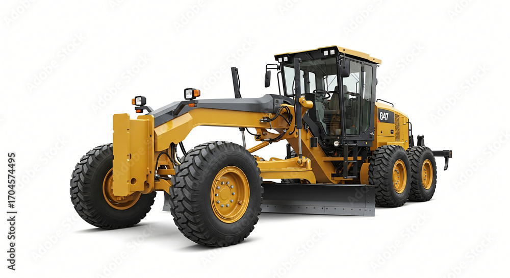 Fototapeta premium Powerful yellow grader machine ready for construction site road leveling and earthmoving projects