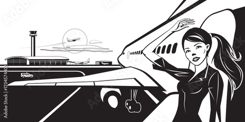 Stewardess waving from plane taking off from the airport – vector illustration