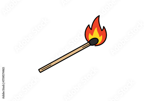 Clean vector illustration of a burning matchstick, featuring a bright, lively flame. This graphic symbolizes ignition, energy, and starting new concepts for diverse creative projects