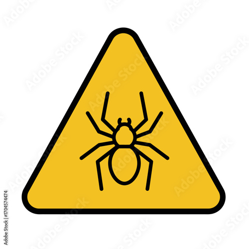 Spider silhouette displayed on yellow triangular warning sign, indicating potential danger in a simple, minimalist style.