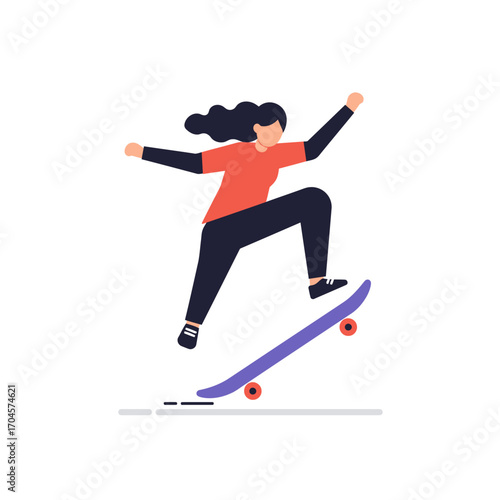 Dynamic action illustration of a girl skateboarder in motion, stylized vector graphic with a cool urban sports effect on a white background