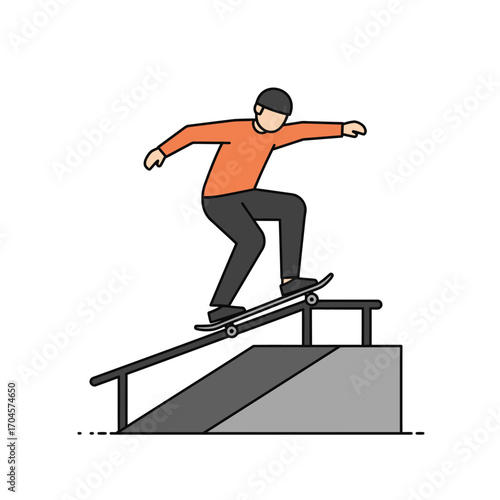Minimalist line art illustration of a skateboarder executing a grinding trick on a skate ramp rail element