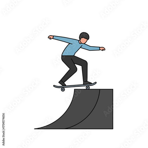 A flat vector illustration of a young man skateboarding on a half-pipe ramp, embodying an active urban lifestyle and extreme sports